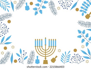 Happy Hanukkah. Celebration with menorah and dreidels, flowers. Blue and white design. Hanukkah religion holiday background with flowers