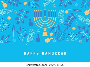 Happy Hanukkah. Celebration with menorah and dreidels, flowers. Blue design. Hanukkah religion holiday background with flowers