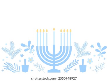 Feliz Hanukkah. Celebração com menorá e dreidels, flores. Design azul e branco. Hanukkah religião fundo de férias com flores