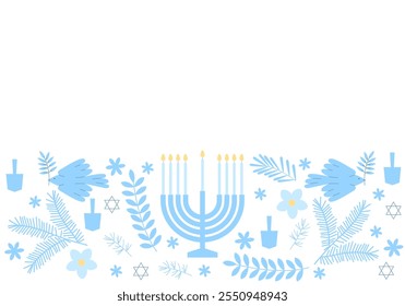 Feliz Hanukkah. Celebração com menorá e dreidels, flores. Design azul e branco. Hanukkah religião fundo de férias com flores