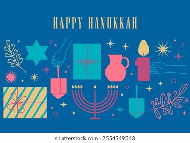 Happy Hanukkah. Celebration with menorah and dreidels, flowers, gift boxes. Bright design. Hanukkah religion holiday background with Hanukkah symbols, signs, icons