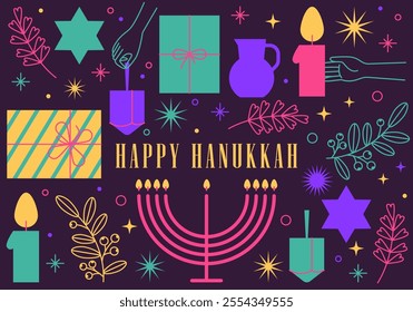 Happy Hanukkah. Celebration with menorah and dreidels, flowers, gift boxes. Bright design. Hanukkah religion holiday background with Hanukkah symbols, signs, icons