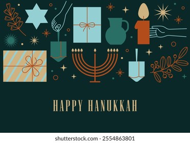 Happy Hanukkah. Celebration with menorah and dreidels, flowers, gift boxes. Bright design. Hanukkah religion holiday background with Hanukkah symbols, signs, icons