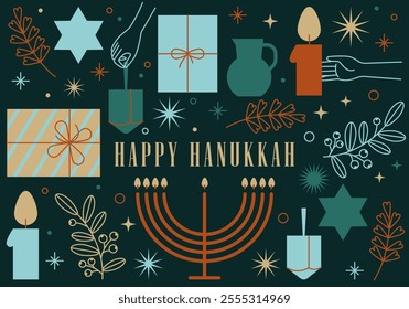 Happy Hanukkah. Celebration with menorah and dreidels, flowers, gift boxes. Bright design. Hanukkah religion holiday background with Hanukkah symbols, signs, icons