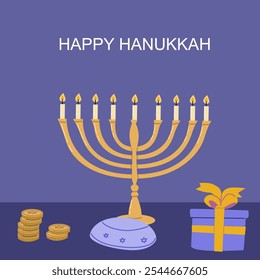 Feliz celebración de hanukkah con menorá, regalos y monedas dreidel.