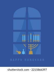 Happy Hanukkah. Celebration with menorah. Hanukkah Menorah and Window. Vector Illustration. Menorah in the window on the eighth night