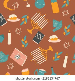 Happy Hanukkah celebration seamless pattern with holiday objects. Vector illustration.