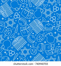 Happy Hanukkah celebration seamless pattern with holiday objects.