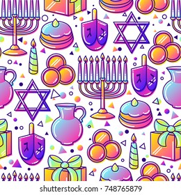 Happy Hanukkah celebration seamless pattern with holiday objects.