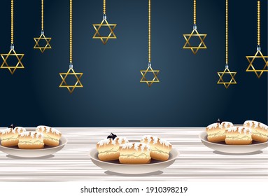 happy hanukkah celebration with sweet donuts and golden stars hanging vector illustration design