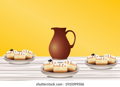 happy hanukkah celebration with sweet donuts and jar vector illustration design