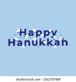 Happy Hanukkah celebration typography. Jewish holiday wish isolated on blue. Vector lettering with flower. Hanuka festive decorative text, design element. Chanukah greeting card, poster template