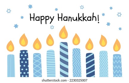 Happy Hanukkah celebration vector hand drawn symbol illustration. Jewish family winter holiday greeting card banner with blue candles, lights, stars of David, flames, lettering on white background.