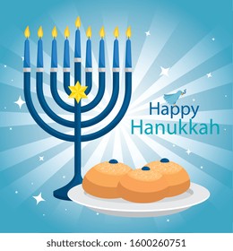 happy hanukkah with chandelier and icons vector illustration design