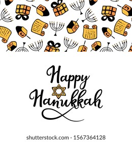 Happy Hanukkah. Chanukah Traditional attributes of the menorah, dreidel, Torah in doodle style. Round frame, hand lettering.