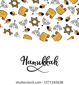 Happy Hanukkah. Chanukah Traditional attributes of the menorah, dreidel, Torah in doodle style. Round frame, hand lettering.