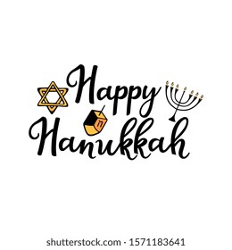 Happy Hanukkah. Chanukah Traditional attributes of the menorah, dreidel, Torah in doodle style. Hand drawn lettering.