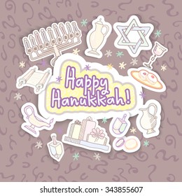 Happy Hanukkah Chanukah traditional Jewish holiday doodle symbols sticker set ink draw vector illustration. Shine blue Greeting card with Sticky label style stickers. DIY elements