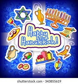 Happy Hanukkah Chanukah traditional Jewish holiday doodle symbols sticker set ink draw vector illustration. Shine blue Greeting card with Sticky label style stickers. DIY elements