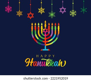 Happy Hanukkah, Colored Stained Menorah, David Stars And Snow. Jewish Holiday Hanukka, Greeting Card With Traditional Chanukah Colorful Symbol Candles. Vector Illustration