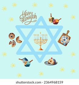 Happy Hanukkah colorful card with menorah, Latkes, Dreidel, lettering. Vector, watercolor style