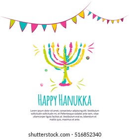 Happy Hanukkah colorful greeting card with hand drawn elements on white background.