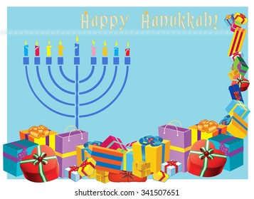 Happy Hanukkah colorful holiday vector illustration with menorah and holiday presents.