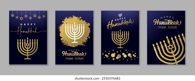 Feliz Hanukkah cobre o conjunto de modelos com menorá dourada e decorações hanukka. Conceito de fundos vetoriais para Hanukkah com itens tradicionais para banners, folhetos, capa de revista ou cartão de convite