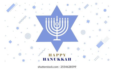 Happy Hanukkah creative card, magen David and memphis elements. Chanukah vector concept with Menorah candle and typography