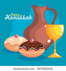 Happy hanukkah cup oil pitcher and sufganiot design, holiday celebration judaism religion festival traditional and culture theme Vector illustration