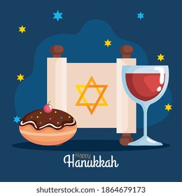 Happy hanukkah cup torah and sufganiot design, holiday celebration judaism religion festival traditional and culture theme Vector illustration