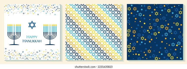 Happy Hanukkah cute banners. Jewish holiday Hanukkah backgrounds with David star and candle menorah patterns, traditional candelabra menorah and candles. Star of David seamless patterns.