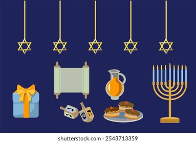 Feliz Día de Hanukkah fondo, estrellas de David, vela, menorah, regalos, dreidel, festival de luces, savganiyot, israeltraditions religión,