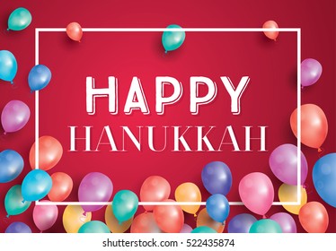 Happy Hanukkah Day Card with Flying Balloons and White Frame. Vector illustration.
