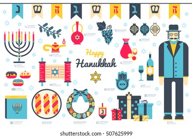 Happy hanukkah day flat illustration background. Icons elements for hanukkah holiday. Vector object jewish traditional on hanukkah religion celebration. Israel greeting design