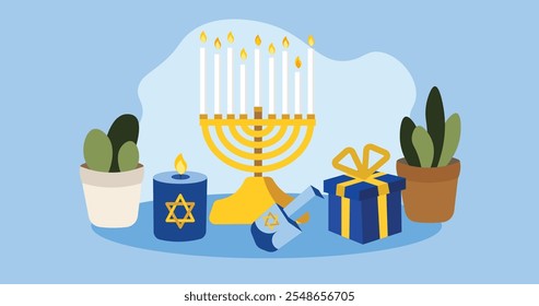 Escena feliz del día de Hanukkah con Menorah, Dreidel, Sufganiyot, regalos, velas, Gelt, fondo de Colores azules y blancos, decoraciones de Hanukkah, Elementos de Hanukkah, Clipart de ilustración de Hanukkah