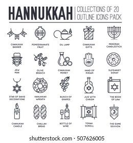 Happy hanukkah day thin line illustration background. Outline icons elements for holiday. Vector object jewish traditional on religion celebration. Israel greeting design