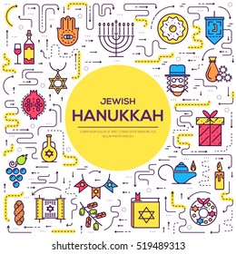 Happy hanukkah day thin line illustration background. Outline icons elements for holiday. Vector object jewish traditional on religion celebration. Israel greeting design