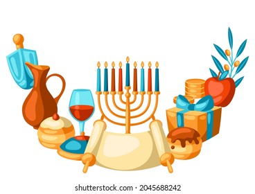 Happy Hanukkah decorative element with religious symbols. Illustration with holiday objects.