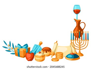 Happy Hanukkah decorative element with religious symbols. Illustration with holiday objects.