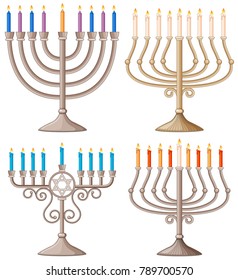 Happy Hanukkah with different designs of candle holders illustration