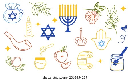 Happy Hanukkah doodle icons elements. Menorah, Torah scroll, Dreidel, David Star, Hamsa symbols. Hand drawn Jewish holiday vector illustrations. 