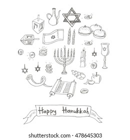 Happy Hanukkah doodle set. Vintage illustration for identity, design, decoration, packages product and interior decorating