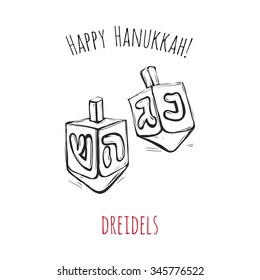 Happy Hanukkah: dreidels. Symbol of hebrew ceremony. Decorative art element isolated on a white background with two inscription around. Simple greeting card, poster, flyer.