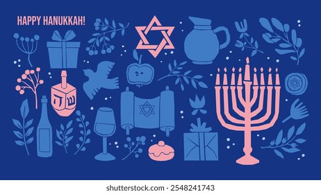 Happy Hanukkah Elements Collection. Cutout naive shapes in a modern simple style. Vector doodles such as a dreidel, menorah, dove, sufganiyah, olive branch. Traditional Jewish symbols and attributes.