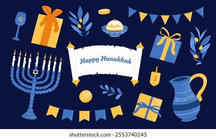 Happy Hanukkah elements set. Collection of colorful Hanukkah symbols with menorah, coins, donuts. Flat vector textured illustration.