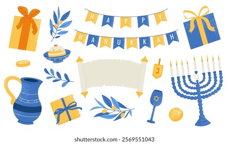 Happy Hanukkah elements set. Collection of colorful Hanukkah symbols with menorah, coins, donuts. Flat vector textured illustration isolated on white background.