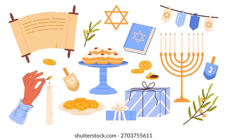 Happy Hanukkah elements set. Includes menorah, candles, dreidels, Torah scroll, David Star, donuts, gelts. Traditional Jewish holiday. Vector illustration in cartoon style. Isolated background