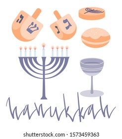 Happy Hanukkah elements set with menora, dreidel, chocolate coins and jelly donuts. Hand drawn flat vector illustration.