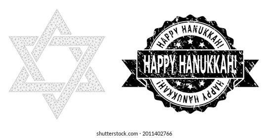 Happy Hanukkah exclamation grunge stamp and vector david star mesh model. Black stamp seal has Happy Hanukkah exclamation text inside ribbon and rosette. Abstract flat mesh david star, built from flat